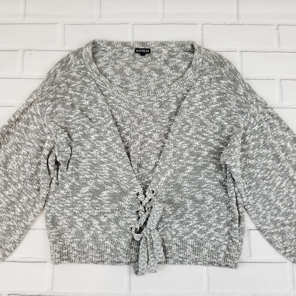Express Grey Corset Balloon Sleeve Sweater - Picture 2 of 6